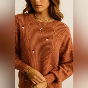 Hem & Thread Rust Cable Knit Sweater with Floral Accents